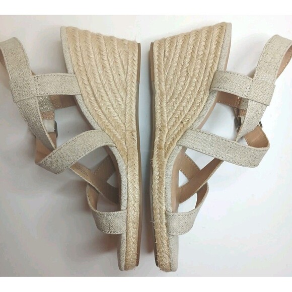 Lucky Brand Sandals Sz 8.5 Strappy Espadrille Wedge Heel Natural & Gold Metallic - Picture 2 of 16